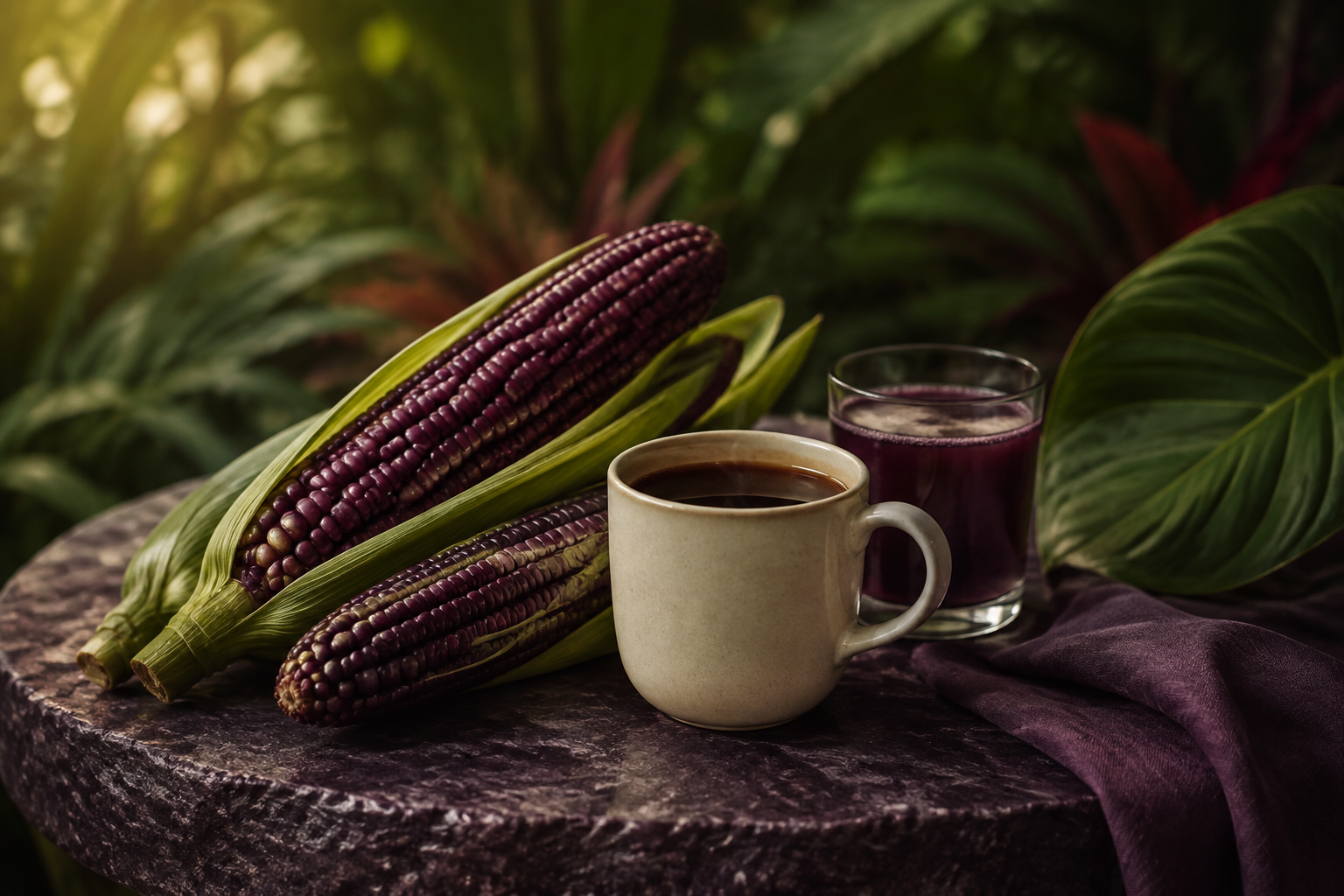 Purple corn, a ceramic coffee cup and a purple drink in warm natural light